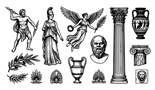 Antique Greek Roman Statues Amphora Columns and Branches Vector Collection