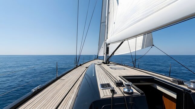 View from the deck of a luxury sailboat with white sails on the calm blue ocean water under a clear sunny sky.