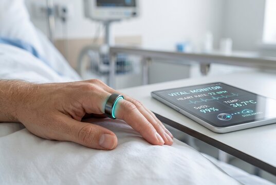 Patient wearing an innovative smart ring sensor in a hospital room, wirelessly tracking vital signs like heart rate, oxygen levels, and body temperature on a digital tablet.