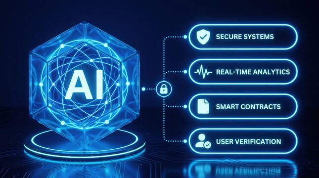 Artificial intelligence technology concept with glowing digital cube, data network, and icons for secure systems, realtime analytics, smart contracts, and user verification