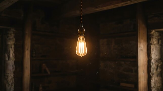 A glowing filament light bulb hanging in a dark rustic room
