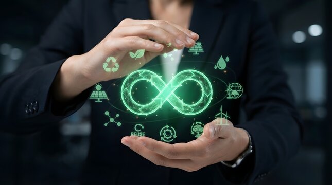 Hands holding glowing circular icon of infinity loop symbolizing circular economy and environmental sustainability