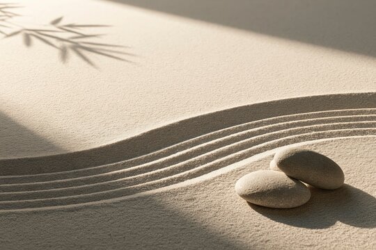 Zen sand garden with raked lines and smooth stones, soft sunlight and plant shadow.