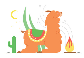 Fototapeta premium Sitting cute llama alpaca. Sleeping mexican animal at bonfire vector illustration