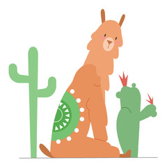 Fototapeta premium Cute llama sitting between cactuses. Camel family llama alpacas vector illustration