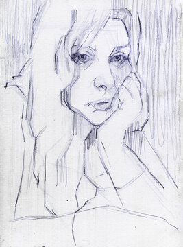 Ritratto espressivo di giovane donna pensierosa con la testa appoggiata alla mano, schizzo artistico a penna biro blu e matita con tratteggio verticale lineare, disegno intimo e malinconico del volto 