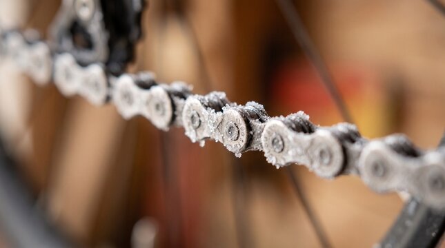 Icy bicycle chain, Close-up of bicycle chain with frost in winter garage  