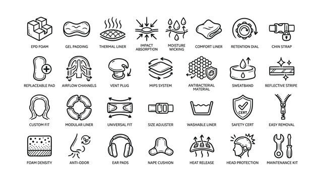 Set of black and white line art vector icons for professional bicycle helmet features and technical specifications