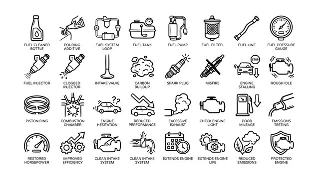 A collection of thin line automotive engine maintenance and car repair icons representing common mechanical issues and service solutions for vehicles