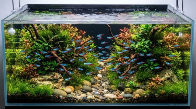 Aquatic landscape with numerous small fish swimming among lush green plants.