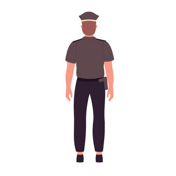 Back view of standing policeman. Police officer in work uniform vector illustration