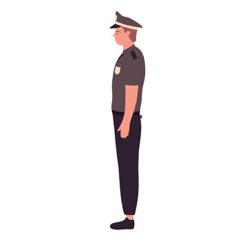 Side view of standing policeman. Police officer worker in uniform vector illustration