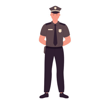 Front view of standing policeman. Police officer with hands behind back vector illustration