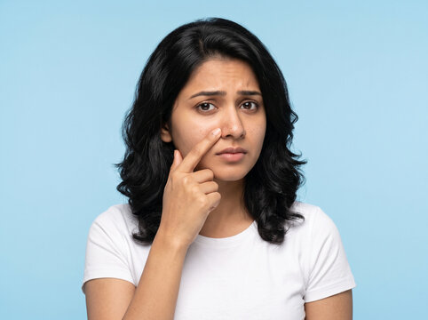 young indian woman touching side of nose while examining moderate blackheads for facial dermatology skincare advertising campaign banner poster
