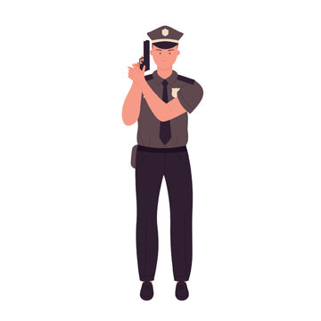 Angry policeman holds gun. Security police officer, policeman in uniform vector illustration