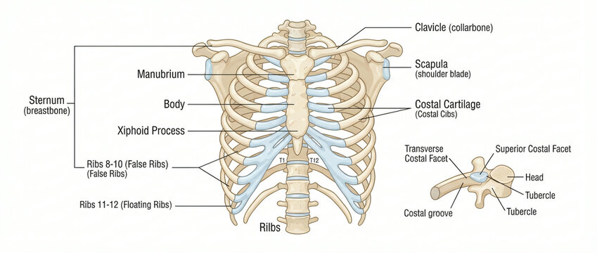 Anatomical illustration of the human thoracic cage with detailed labels for medical education