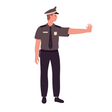 Side view of policeman in stop pose. Police officer shows stop gesture vector illustration