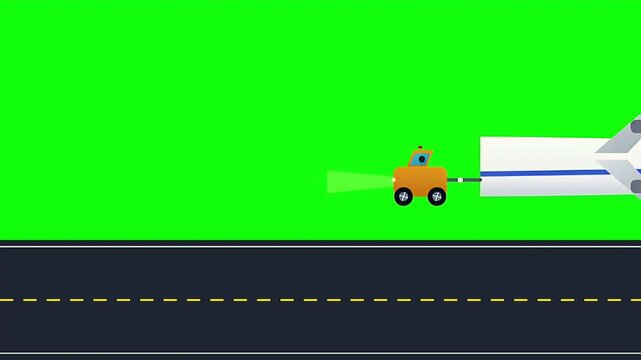 Tow truck towing airplane backwards along road on green screen background