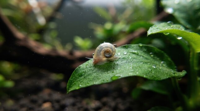 Tiny snail with spiral shell perched on a wet green leaf close-up