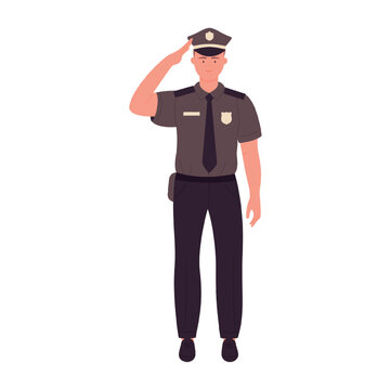 Policeman in salute pose. Standing police officer in standing pose vector illustration