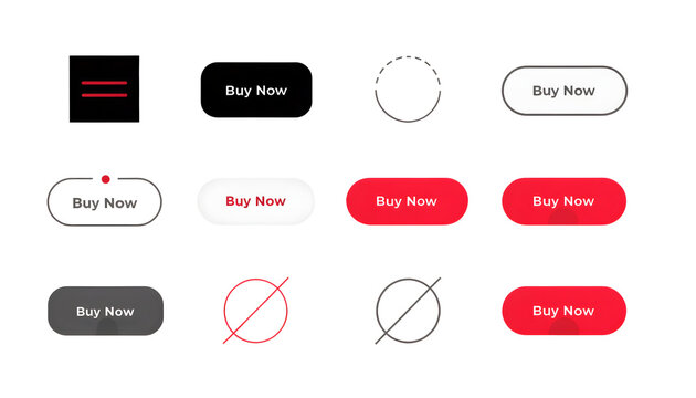 Modern UI Button Set with Buy Now Call to Action Red and Monochrome Design