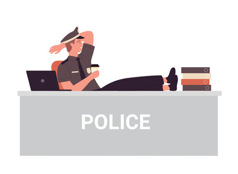 Policeman at police office. Police department, relaxed police officer vector illustration