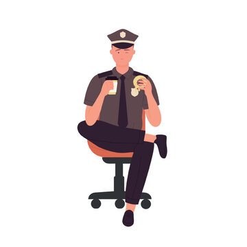 Policeman in chair having lunch. Eating police officer, coffee break vector illustration