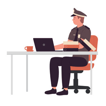 Policeman at desk work. Police department, police officer working vector illustration