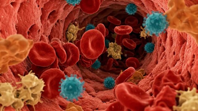 Hantavirus pathogen circulating within a human bloodstream, causing infectious disease and viremia, showing viral particles moving through internal vessel, demonstrating hemorrhagic fever.