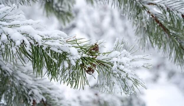 Winter pine branch covered in fresh white snow during a snowstorm