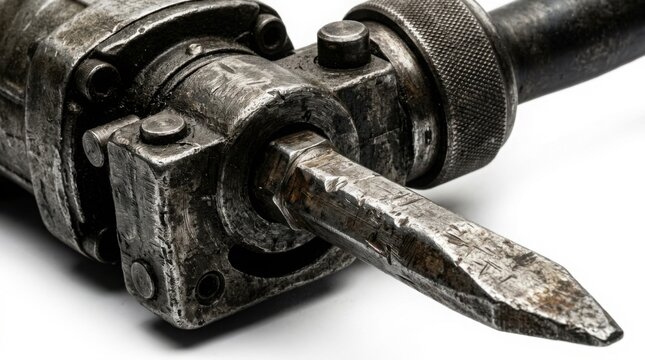 Heavy duty demolition hammer with steel chisel bit on white background