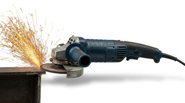 Angle grinder cutting metal beam and producing bright sparks on white