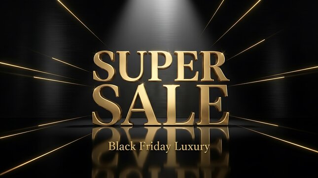Dramatic spotlight shines on golden letters spelling super sale with reflective floor