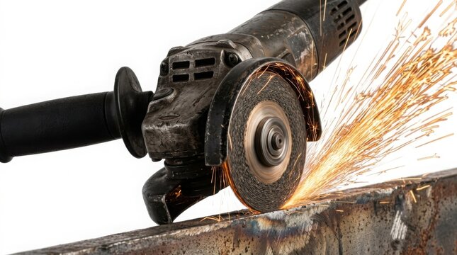 Angle grinder cutting metal beam and throwing bright sparks on white