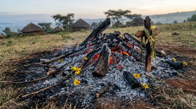 Meskel religious holiday bonfire ember, burning wood log pile decorated with yellow flower, standing wooden cross symbol, rural ethiopian village landscape background at sunrise morning.