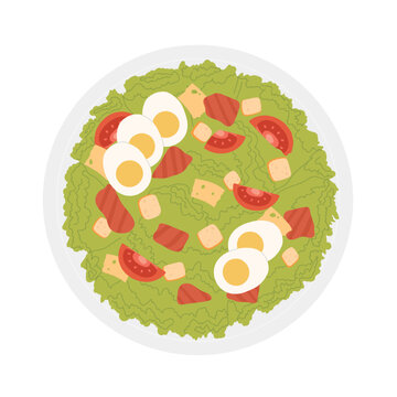 Salad bowl with crackers. Healthy vegetable menu, fitness lunch meal vector illustration