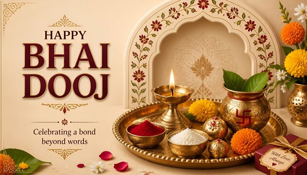 Festive greeting composition for bhai dooj with a lit diya lamp and traditional sweets on a decorative tray