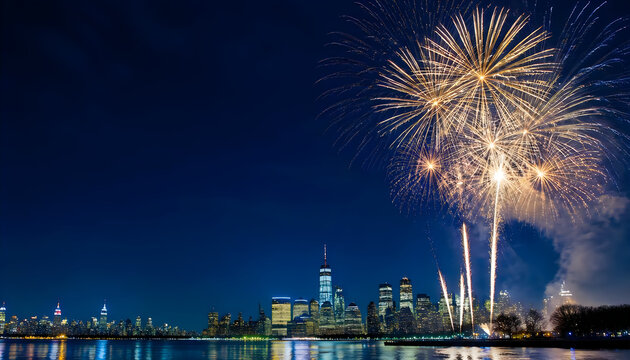 Bright fireworks light up night sky over New York City skyline celebrating New Year.