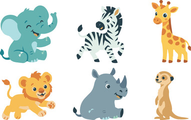Fototapeta premium Cute wild animal cartoon characters collection with elephant zebra giraffe lion rhinoceros and meerkat illustrations