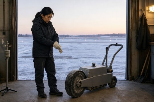 Airport Runway Friction Testing - Winter Technician Preparing Airstrip Test Equipment