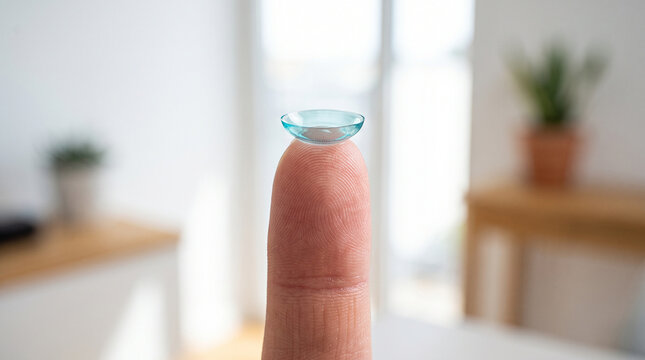 Contact Lens on Finger: A close-up shot captures a single blue contact lens delicately balanced on a human fingertip, with a softly blurred indoor background suggesting an everyday setting.