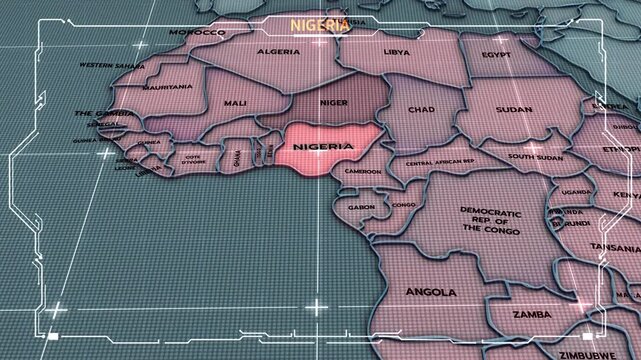 A stylized 3D map of Nigeria, Nigerian, Nigeria map, Africa, West Africa, surrounded by neighboring African countries such as Niger, Chad, Cameroon, Benin, and Ghana.