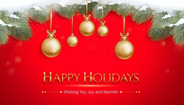 Sparkling golden spheres dangle below frost-covered pine needles above bold seasonal typography on crimson background.