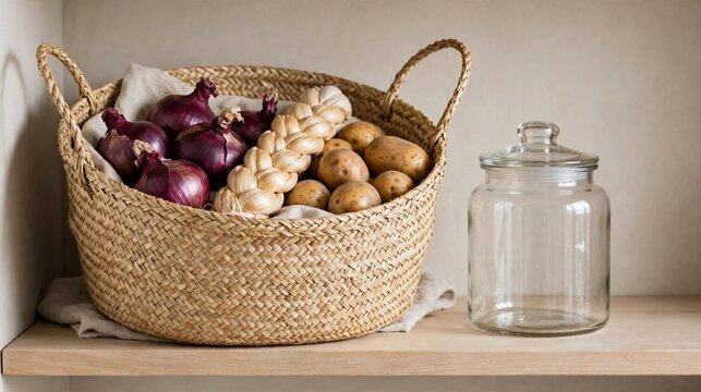 Cesto de palha tran&ccedil;ado com cebolas roxas, alho e batatas
