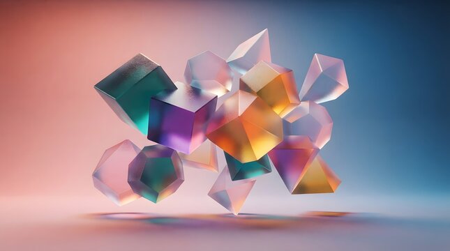 Abstract composition of colorful translucent geometric shapes floating in balanced harmony