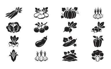 Fototapeta premium individual fresh farm vegetables black silhouettes on transparent background for healthy eating designs.