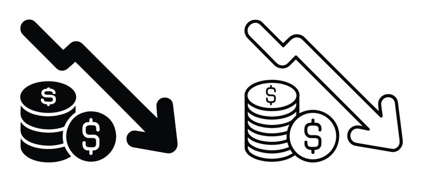 Set of financial loss icons featuring stacks of dollar coins and a downward trending market arrow sign