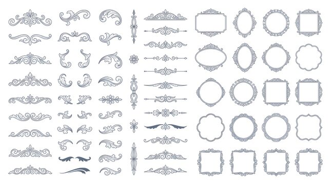 Vintage ornamental flourishes and decorative frame set. Victorian scrollwork and borders