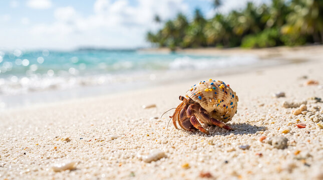 Hermit Crab on a Tropical Beach: A tiny hermit crab with a colorful shell ventures across a pristine sandy beach, with the turquoise ocean and palm trees in the background.