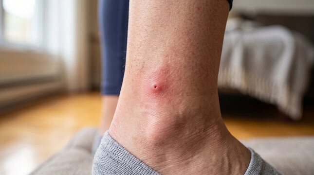 Close-up of a mosquito bite on a person's ankle, showing redness and inflammation around the bite mark. This image focuses on the irritation and discomfort caused by the insect bite.